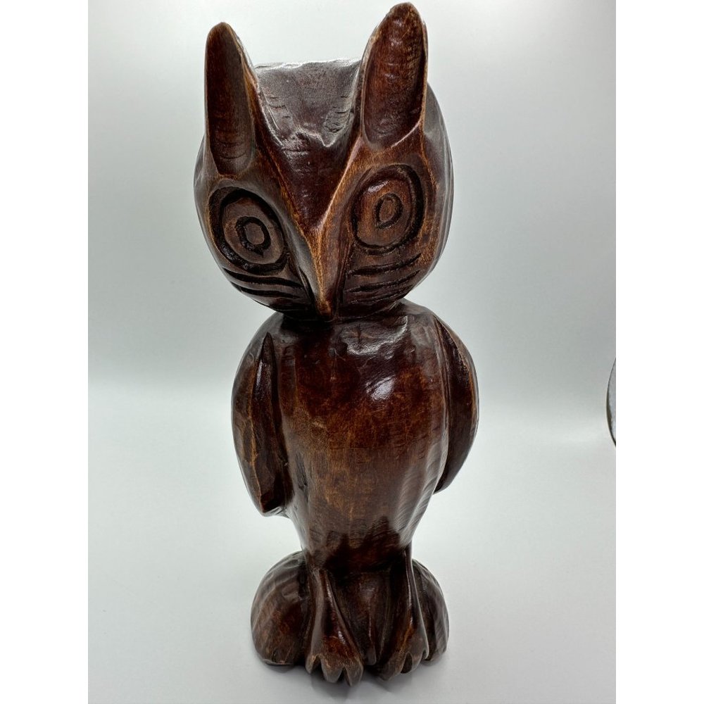 Vintage Mid Century Modern Boho Wooden Hand Carved Owl Figurine Statue